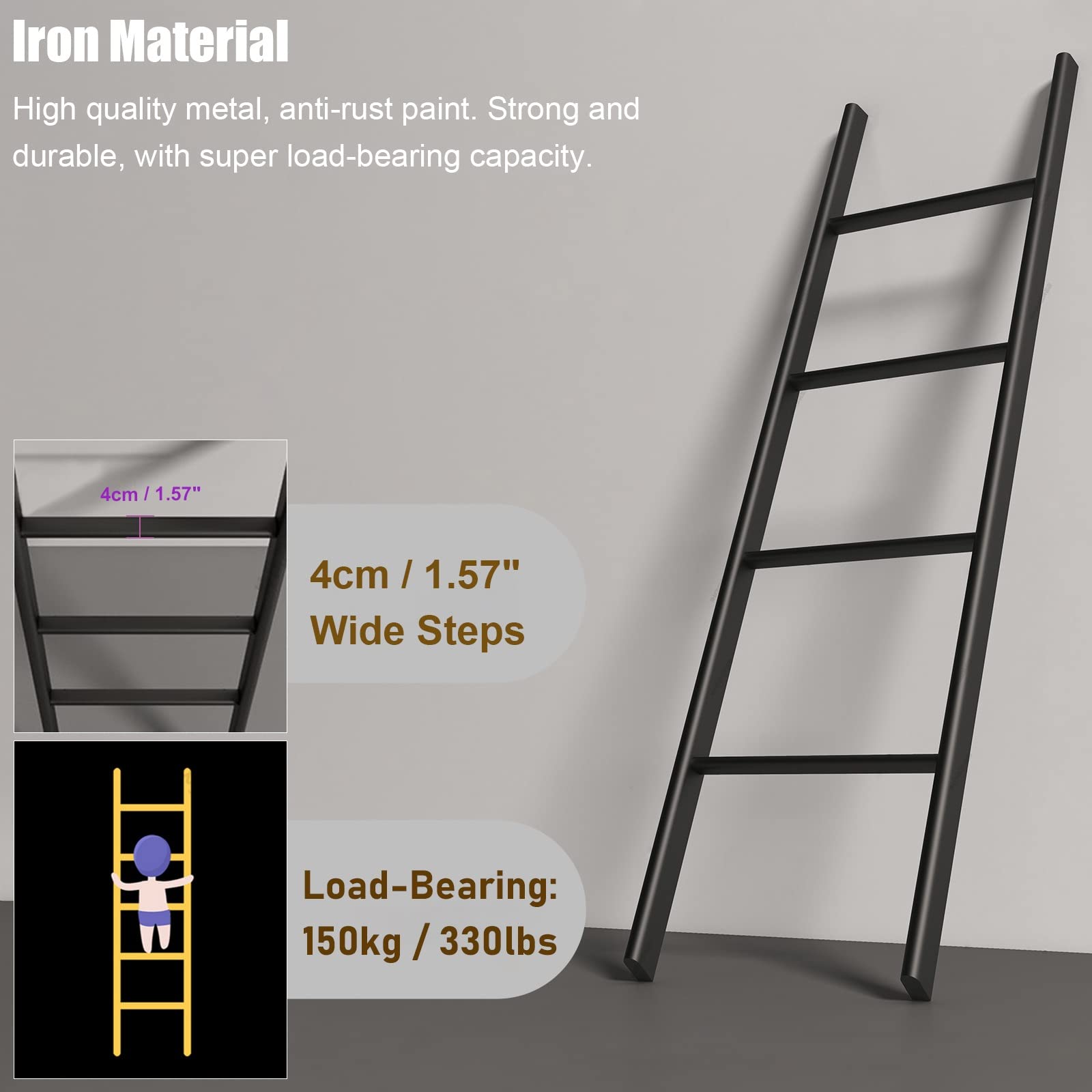 Escalera Negra Resistente para literas Dobles de caravanas y autocaravanas - Escalera Colgante para altillo de Autocaravana para niños, Adolescentes, Adultos y Personas Mayores. Soporta hast
