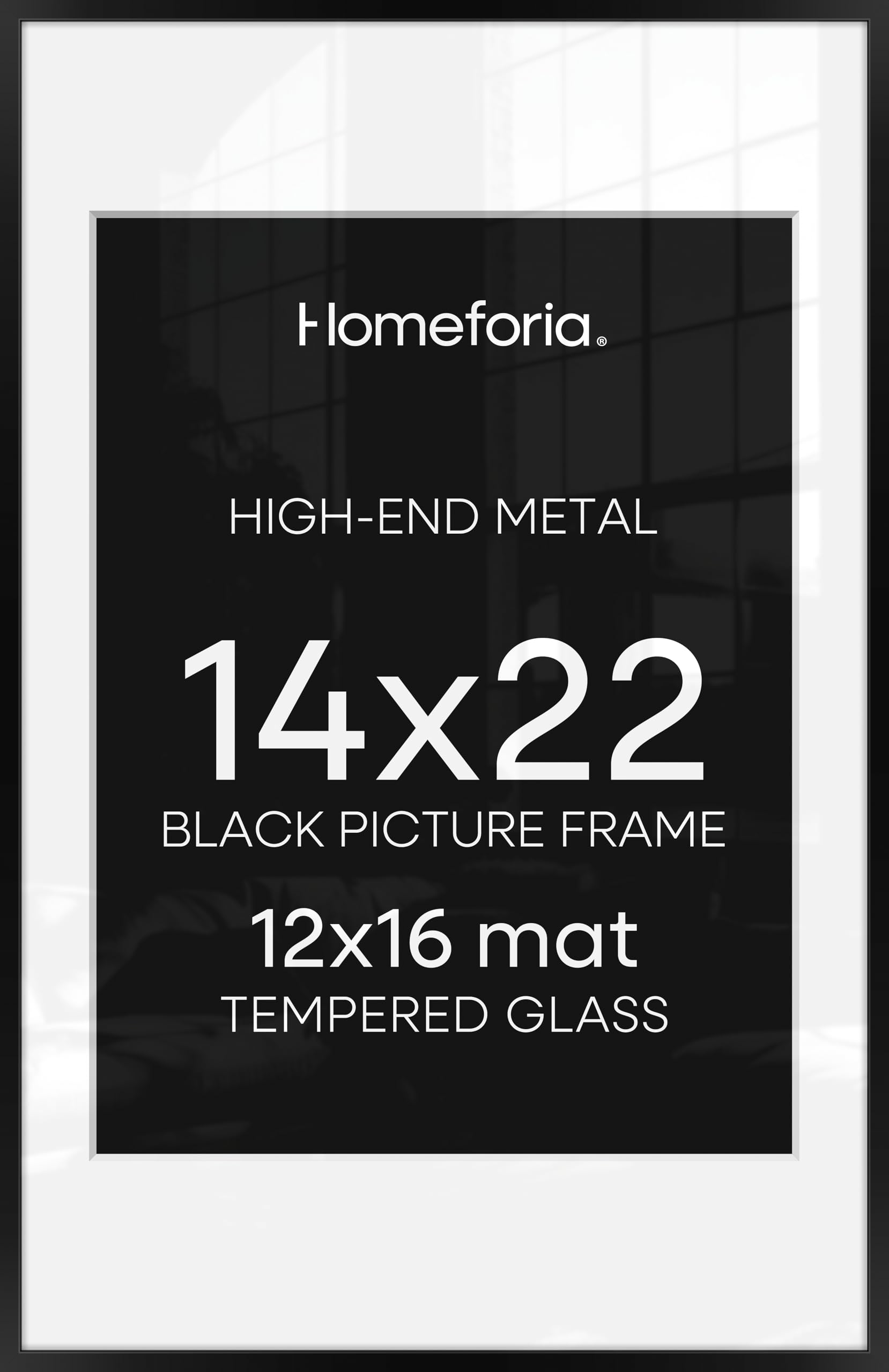 Homeforia 14x22 Black Picture Frame, High-End Metal, 12x16 Mat, Glass | High End Aluminum, Tempered Glass, Acid-Free 12x16 Removable Mat, 14x22 in Edge-to-Edge Display 22x14, Wall Kit, Set Of 1