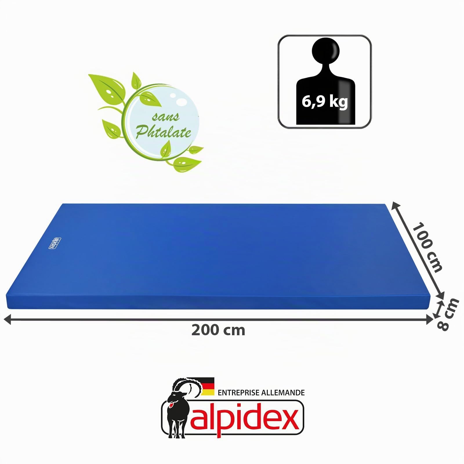 ALPIDEX Tapis d'exercice gymnastique 200 x 100 x 8 cm tapis de sport avec base antidérapante RG 20 (très doux)