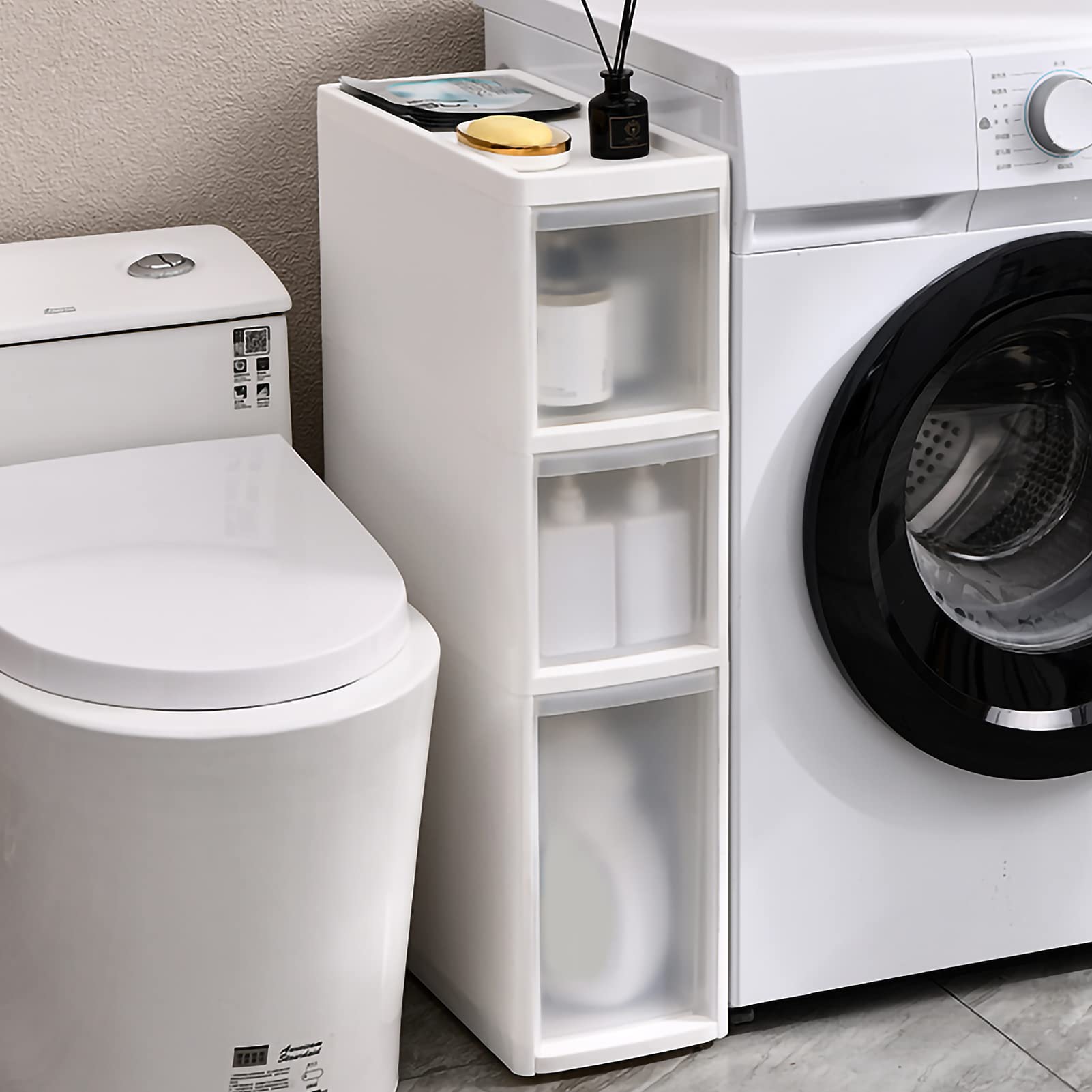 Gabinete vertical de almacenamiento de baño de 6 cajones con ruedas, diseño delgado, cajones de plástico de gran capacidad, ahorro de espacio, torre de almacenamiento estrecha para baños