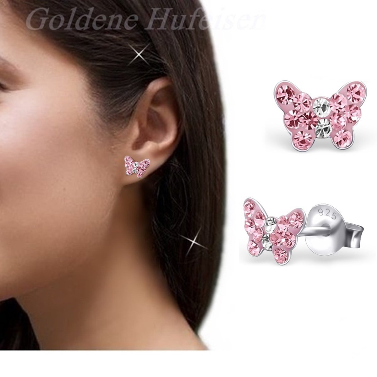 Goldene Hufeisen Set con mini ciondolo a forma di farfalla con cristalli, collana e orecchini, in vero argento 925, per bambine, Smaltato Argento sterling Vetro, Nessuna pietra preziosa