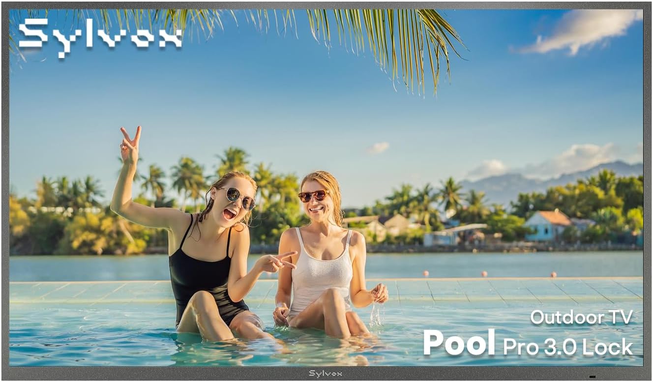 SYLVOX 55" Outdoor TV, IP56 Weatherproof Smart Outdoor TV with Google TV, 2×12W Speakers, Live TV & AI Wallpaper, Anti-Theft Lock Interface, 2000-Nit Full-Sun Brightness, Pool Pro 3.0 Lock Series