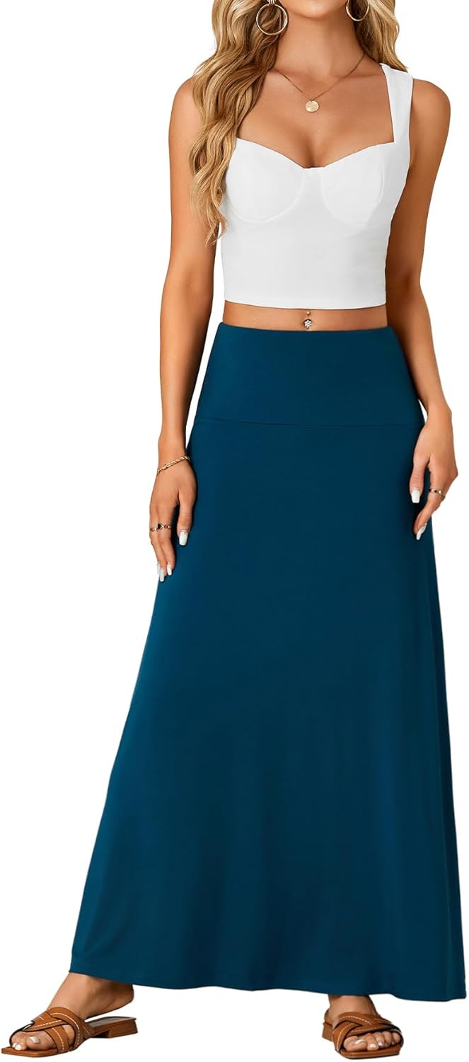 OPOIPIN Women's Casual Stretchy Solid High Waist Flared Long Maxi Skirt - Image 6