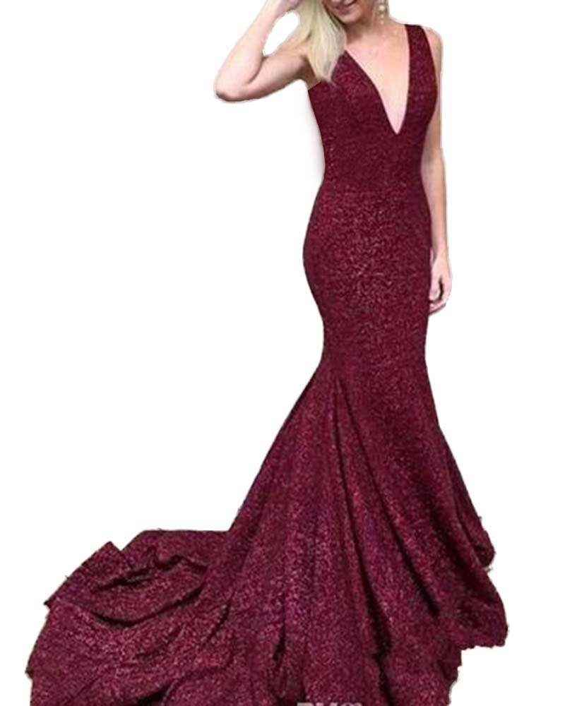 Women's Sequined Formal Evening Dress for Wedding Long Mermaid Prom Gown Burgundy