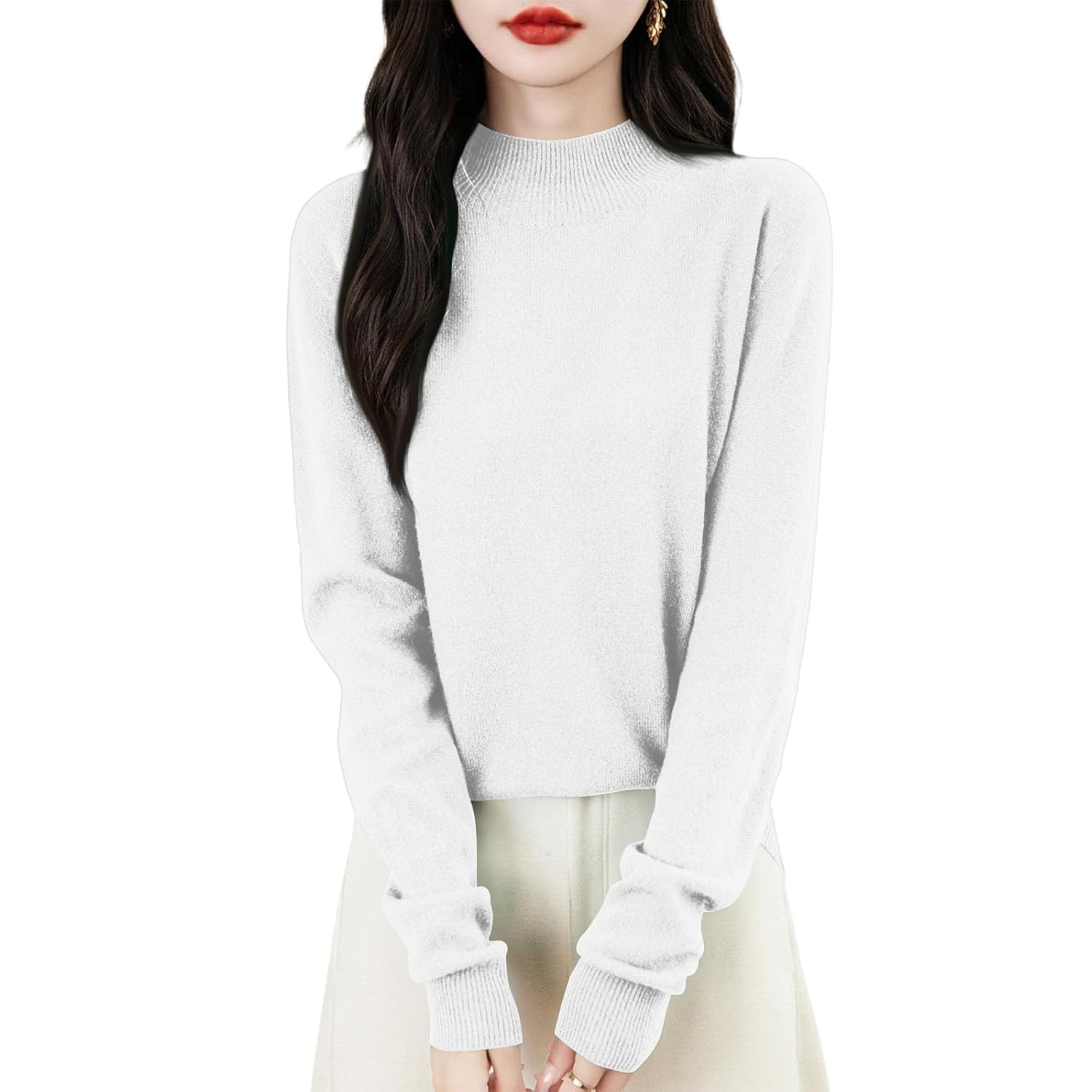Cashmere Sweaters for Women Long Sleeve Mock Turtleneck Sweater Lightweight Seamless Warm Wool Knitted Pullover Tops