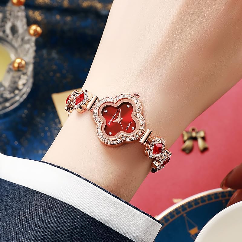 7 Pcs Set Stylish Gold Women's Watches, Four - Leaf Clover Dial with Crystals & Gemstones, Elegant Bracelet Quartz Watch for Ladies, Colorful Fashion Wristwatch Wholesale - Image 6