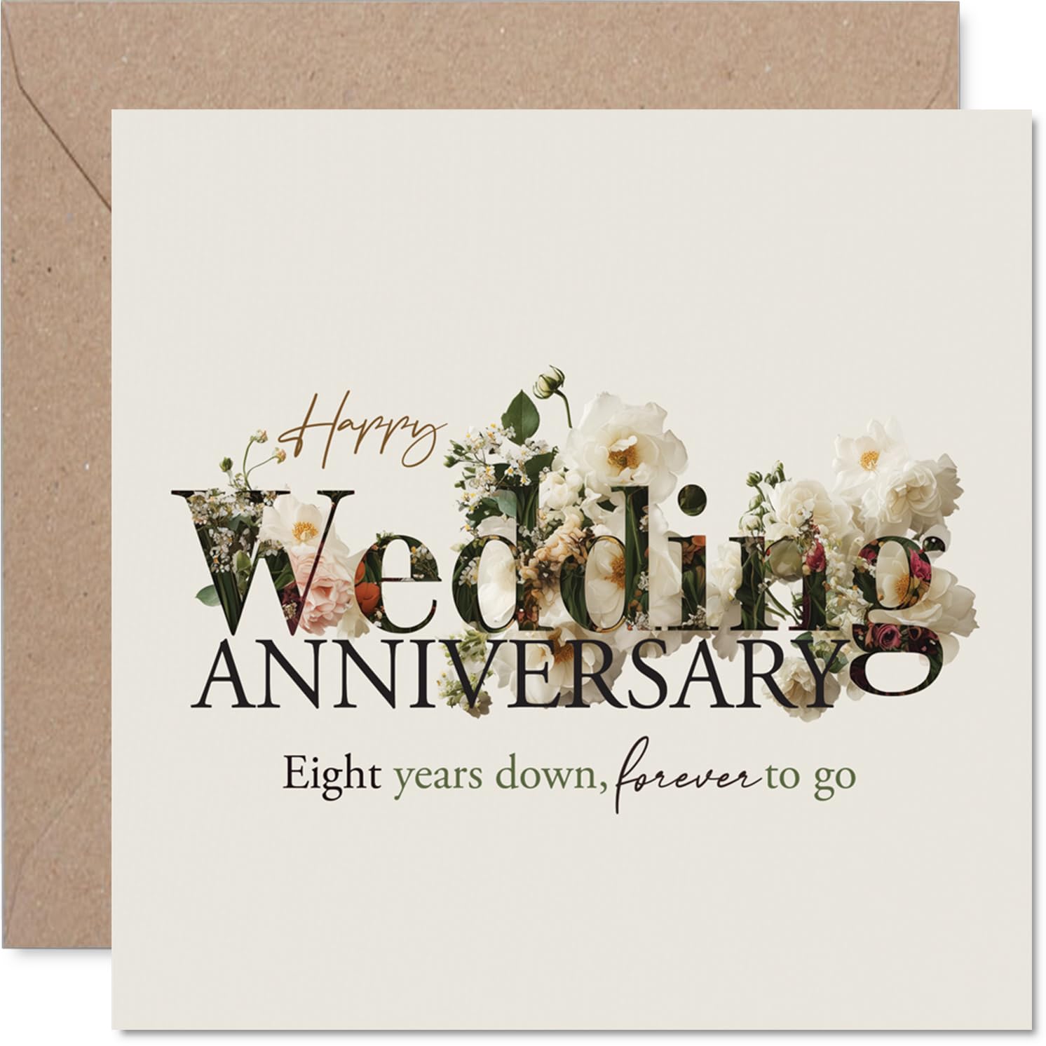 Sentimental 8th Anniversary Card - Eight Years Together - Elegant Floral Motif with Graceful Script - 145mm Square, Envelope Included