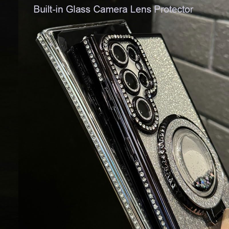 for Samsung Galaxy S25 Ultra Case with Glitter Kickstand,Cute Bling Sparkly Rhinestones Phone Case, Glass Camera Lens Protector,Flowing Liquid Ring Stand for Samsung S25 Ultra (Pink) - Image 3