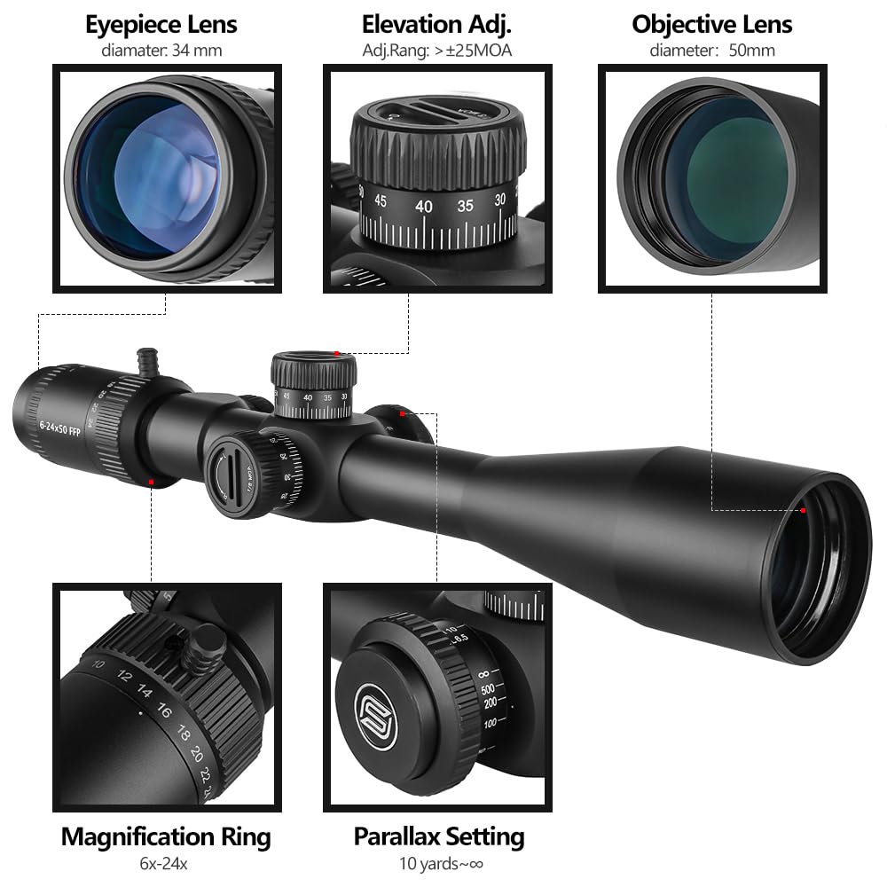 SPINA OPTICS 4-16x44 / 6-24x50 SFP 2nd Focal Flat Rifle avec mil Dot Reticle et Support annulaire de 20 mm, Lunette de visée Noires étanches et antibuées, Tube de 30 mm