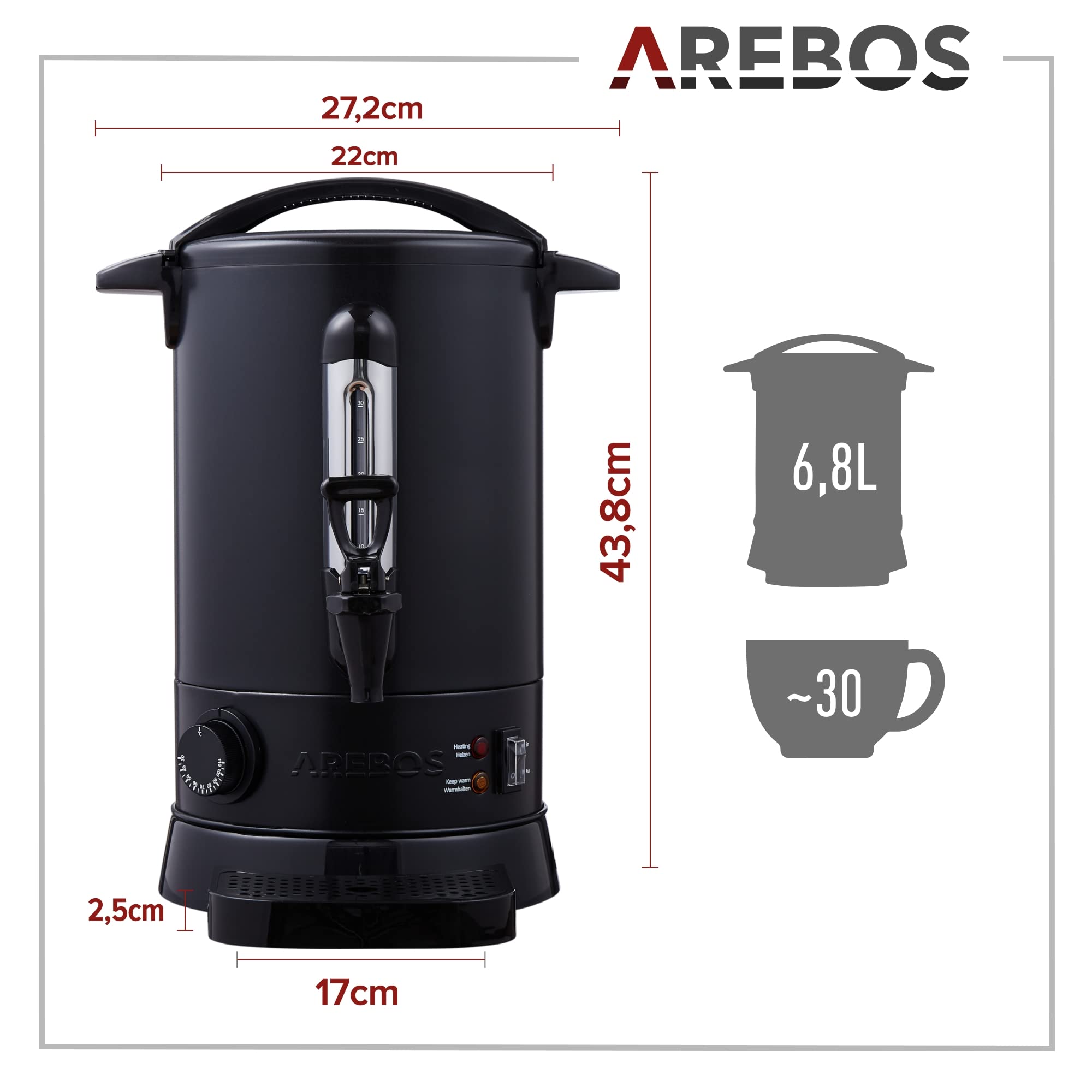 Arebos Glühweinkocher 950 W | Heißgetränkespender | 6,8 L | mit Auffangschale, Auslasshahn, Thermostat und Überhitzungsschutz | Temperatureinstellung von 30-110 °C | Schwarz