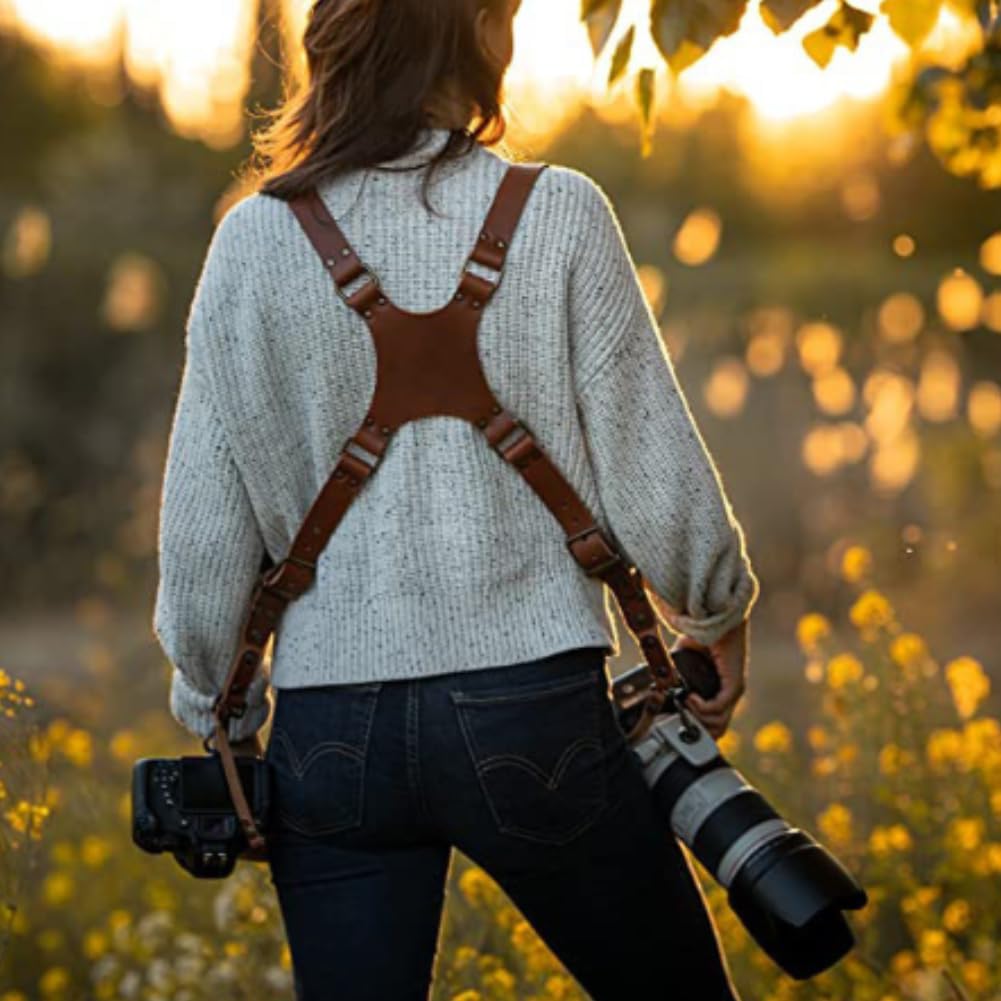 Cocoarm Double Shoulder Camera Strap Adjustable Dual Leather Double Shoulder Camera Harness Accessory for 2 Cameras