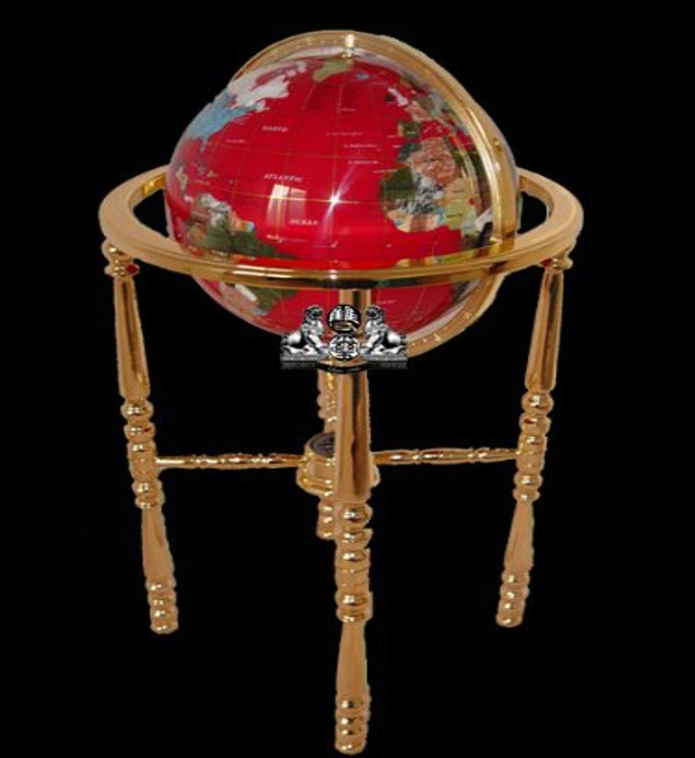 Unique Art 36-Inch by 13-Inch Floor Standing Red Lapis Ocean Gemstone World Globe with Gold 4-Leg Stand