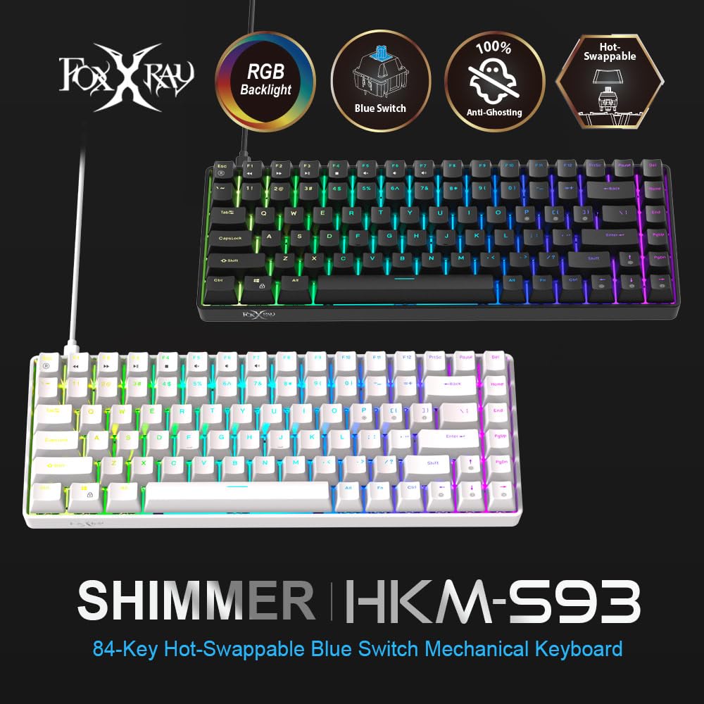 FOXXRAY HKM-S93 mechaniczna klawiatura do gier, kompaktowa, 75% układ, wymienna klawiatura do gier, niebieski przełącznik, podświetlenie RGB z konfigurowalnymi klawiszami, 84-klawiszowe, przewodowe