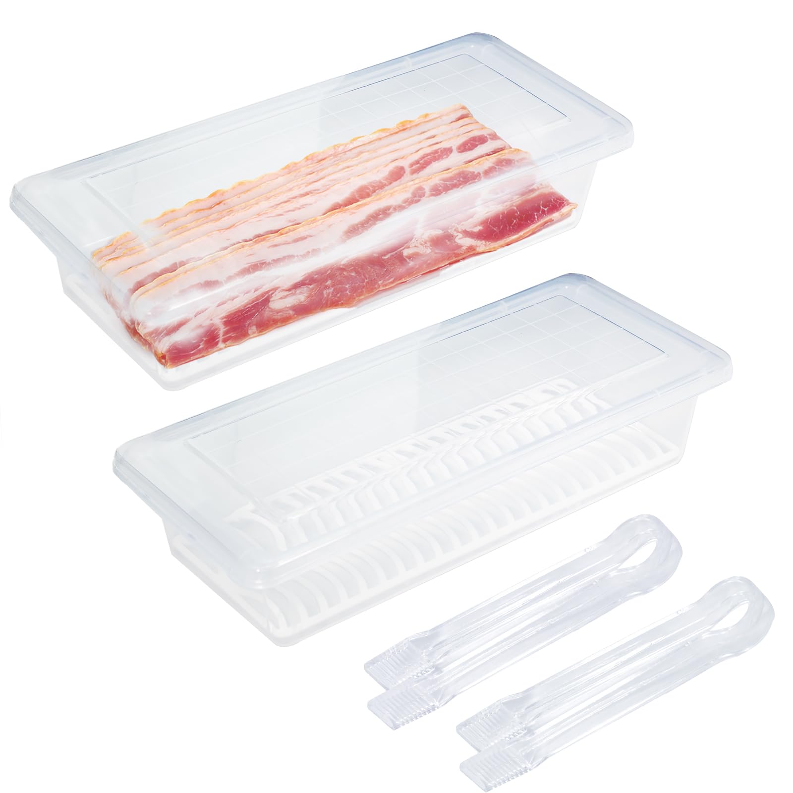Photo 1 of Caylielam 2-Pack Bacon Keeper Containers for Refrigerator, Airtight Fridge Meat Food Storage Boxes with Lids and Tongs, Clear and Reusable Plastic Fruit Cheese Eggs Serving Holder, Microwave Safe