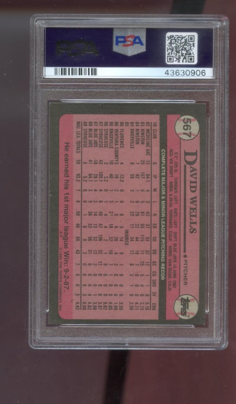 1989 Topps #567 David Wells AUTO SIGNED Autograph Autographed Card PSA PSA/DNA Baseball MLB COA Toronto Blue Jays