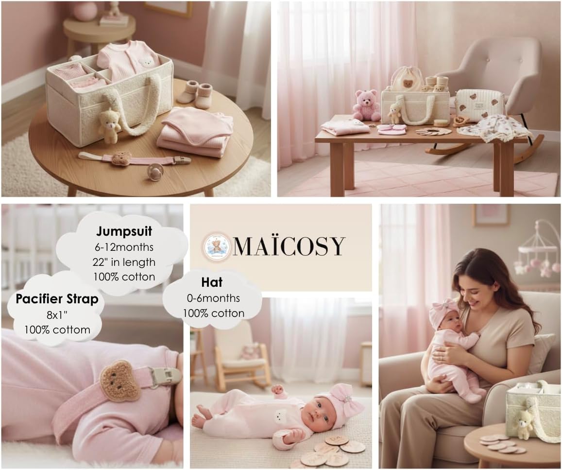 THE COZY ESSENTIALS 12-Piece Baby Set, Pink and Cream, Bear Theme, with Diaper Caddy, Newborn Essentials for Baby Girl/Unisex or Baby Shower Gifts