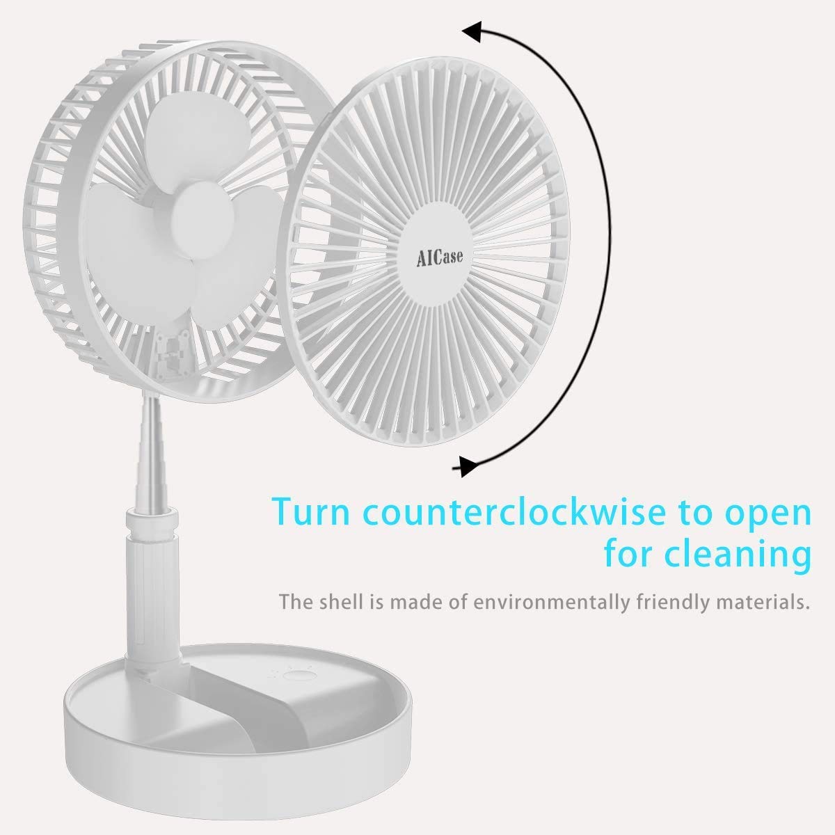 AICase Fan Ventilateur de Sol,Ventilateur de Table,Ventilateur Silencieux à 4 vitesses,Ø 19,7 cm, Batterie 7200mAh, Réglable en Hauteur et Pliable, Chargement via USB