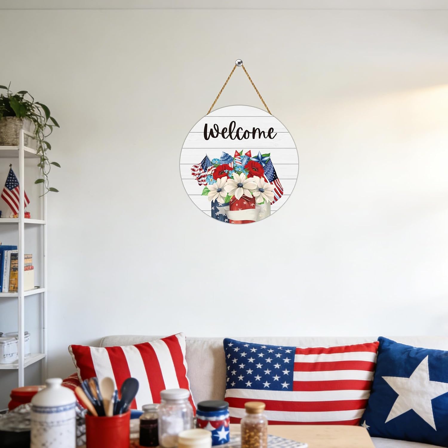 4th of July Decorations Patriotic Wreath American Flag Flower Rose Welcome Sign Mason Jar Wooden 4th of July Wreaths for Front Door Decorations for Memorial Day Fourth of July Wall Indoor Home Decor