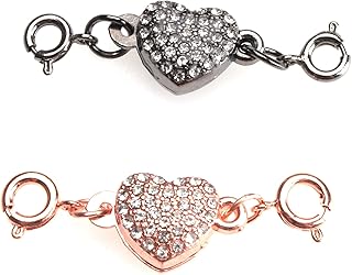 Ruwado 2 Pcs Locking Magnet Clasps Heart Shape Rhinestone Chain Extenders Closures Connector for Necklace Bracelet Women DIY Jewelry Making Supplies Accessories (Black and Rose Gold)