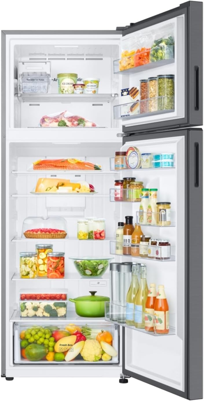 Interior of Samsung refrigerator, filled with food