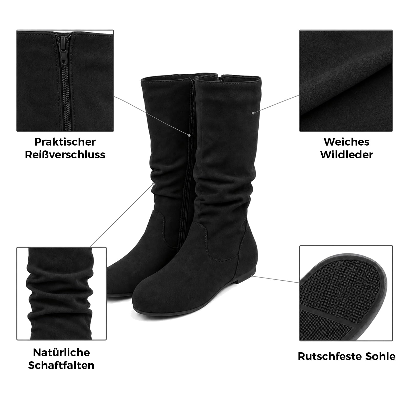 Stiefel Damen Wildlederoptik Slouchy-Stiefel Midihochschaft Flachabsatz mit Seitereißverschluss Alltag Freizeit 36-43 EU