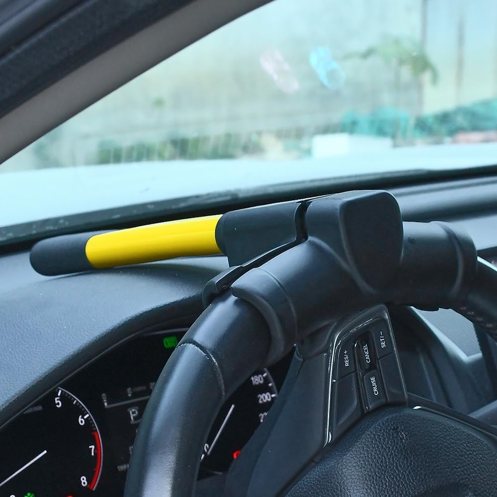 XhuangTech Steering Wheel Lock, Heavy Duty Anti-Theft Car Security Lock with Double Protection, Universal Fit for Cars, Trucks, SUVs, and Vans, Durable Vehicle Deterrent with 2 Keys, Black & Yellow
