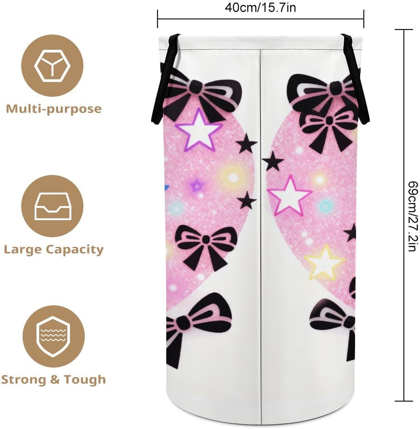Heart Pattern Laundry Hamper with Handles Waterproof Collapsible Laundry Basket Large Lightweight Round Dirty Clothes Hamper for Home Dorm Bathroom Decor