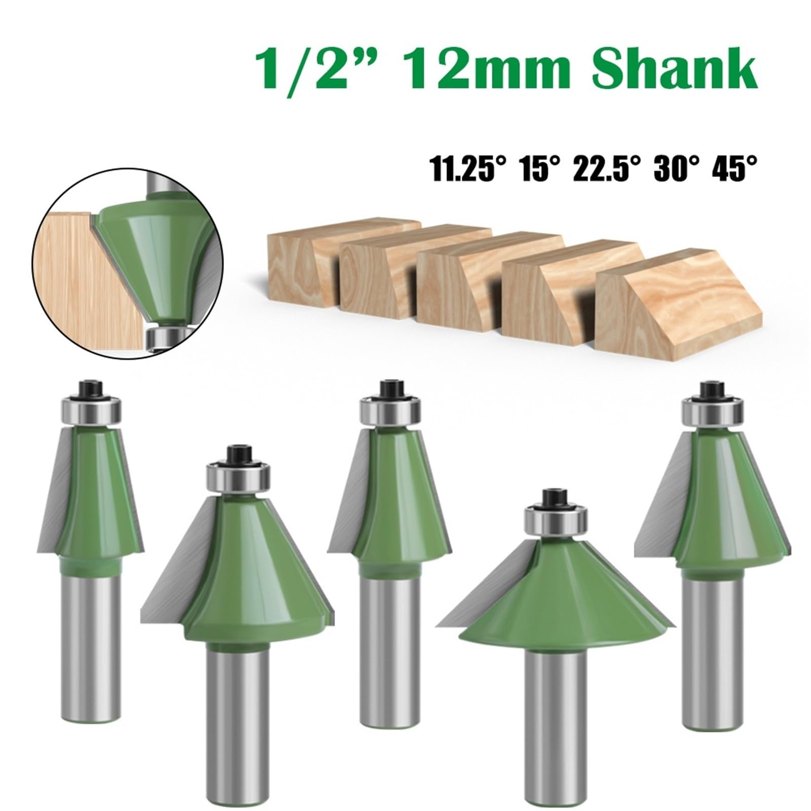 Fresa per incastri maschio-femmina, Punte for fresa for smusso con codolo 5 pezzi 1/2" 11,25 15 22, 30 45 gradi(12mm Shank)