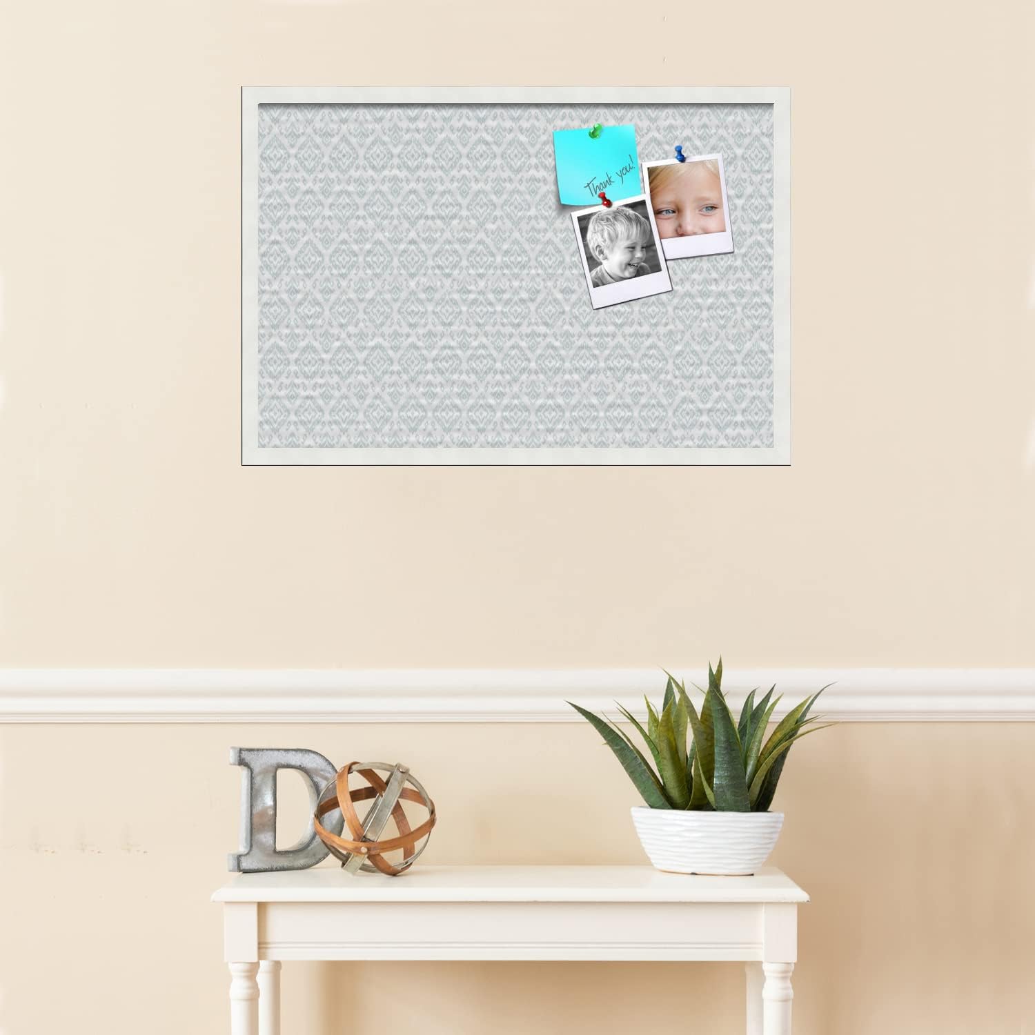 PinPix 30x20 inch Cork Bulletin Board. This Decorative Framed Pin Board Comes with Ikat Vintage Lt Green Design and Satin White Frame. Ideal for Home, Office Decor or School (PinPix-1597)