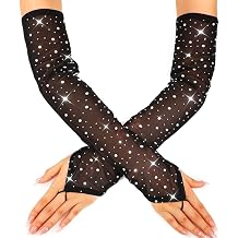 GORTIN Rhinestones Fingerless Long Gloves Sheer Tulle Gloves Elbow Length Opera Prom Halloween Party Mesh Gloves for Women