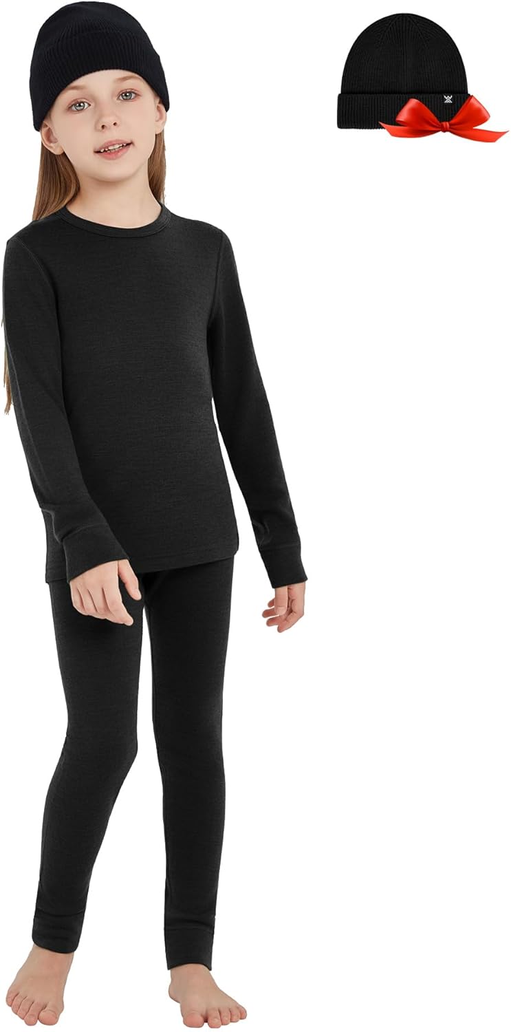 Unisex Kids' 100% Merino Wool Base Layer Sets - Light and Midweight Thermal Underwear Gifts Pack with Wool Beanie