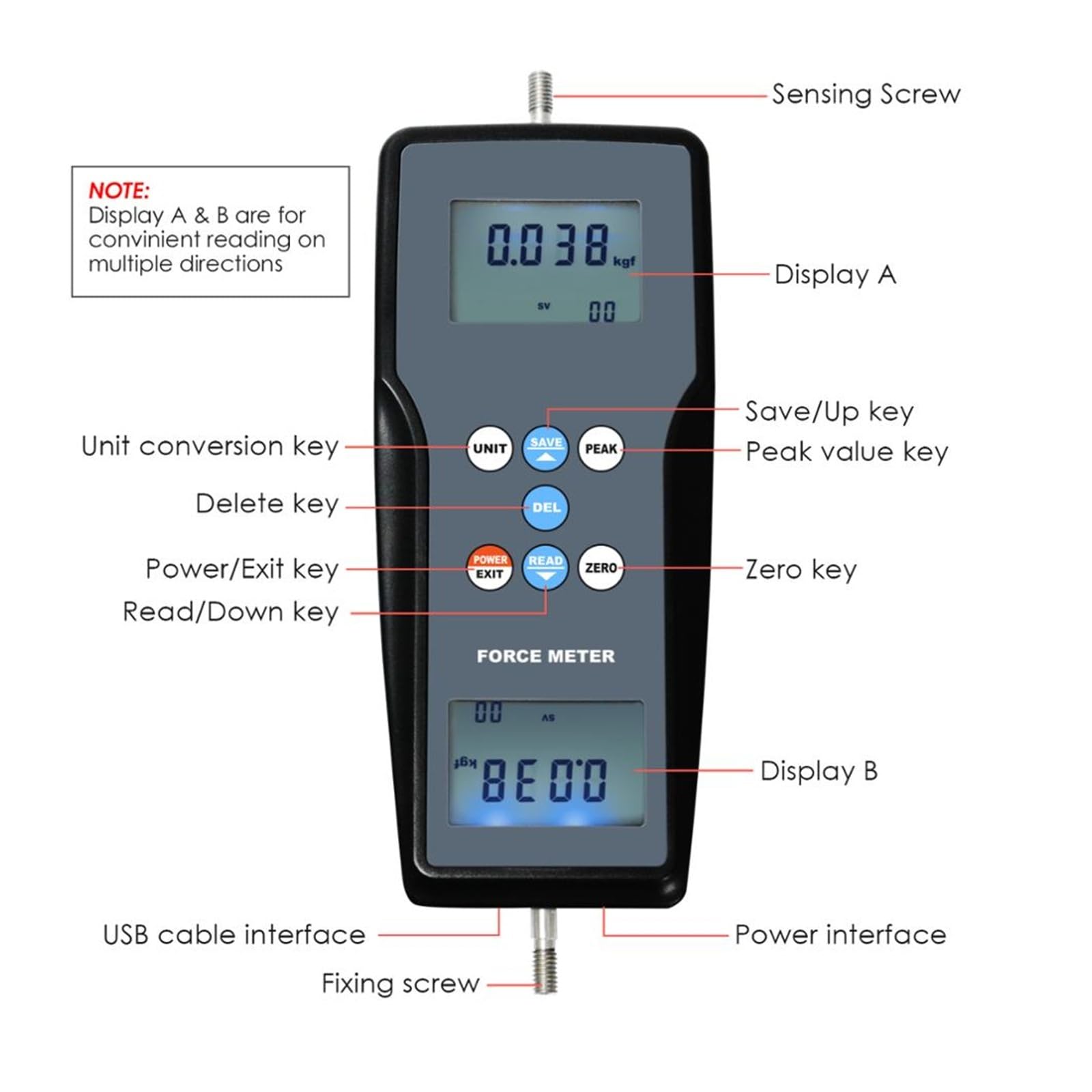 Medidor de fuerza digital FM-207-100K, comprobador de magnitud de tracción y empuje (N/Kg/Lb/G) for hardware de construcción de laboratorios Opciones de unidades múltiples(10K)