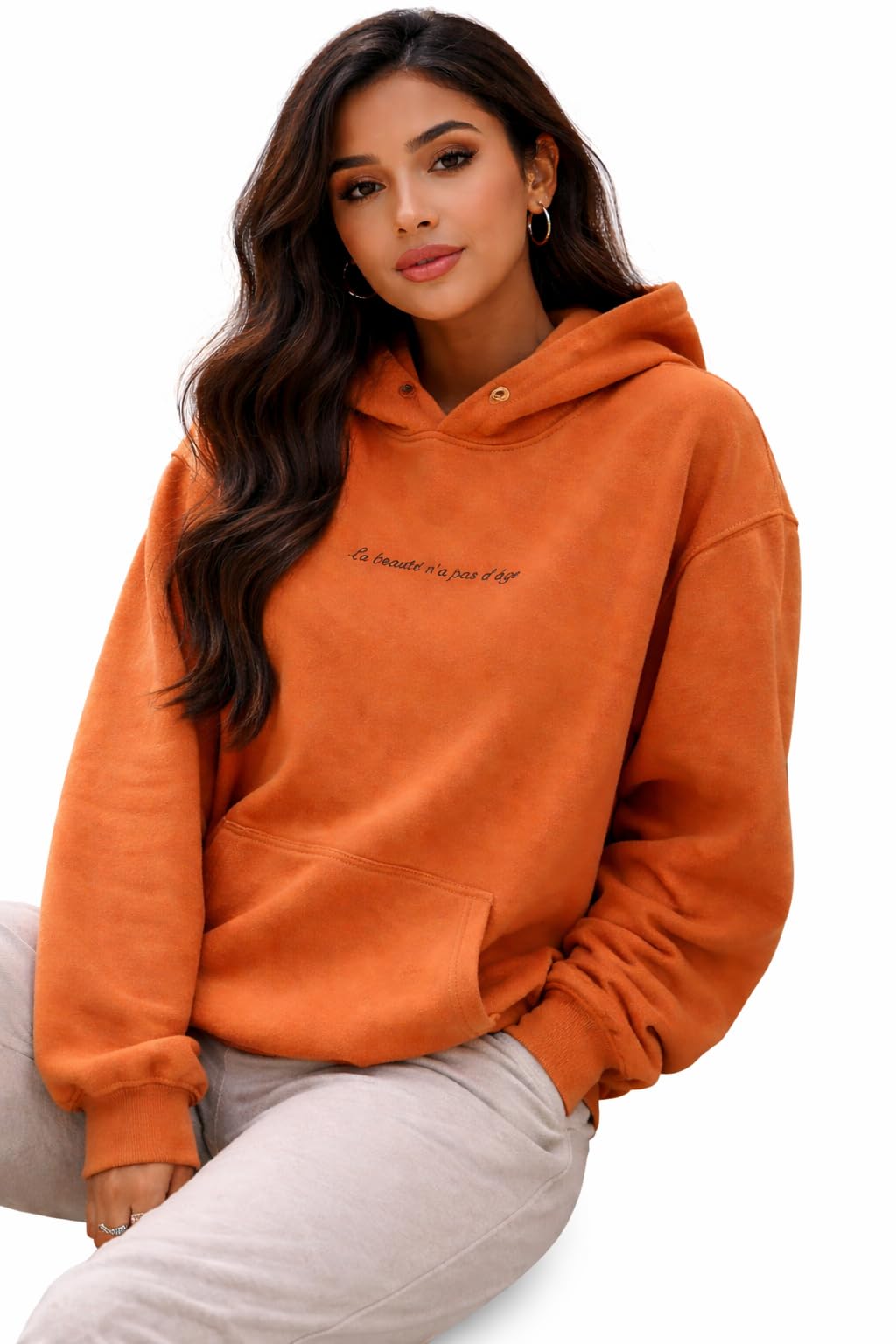 Women’s Orange Casual Hoodie Sweatshirt-image-11