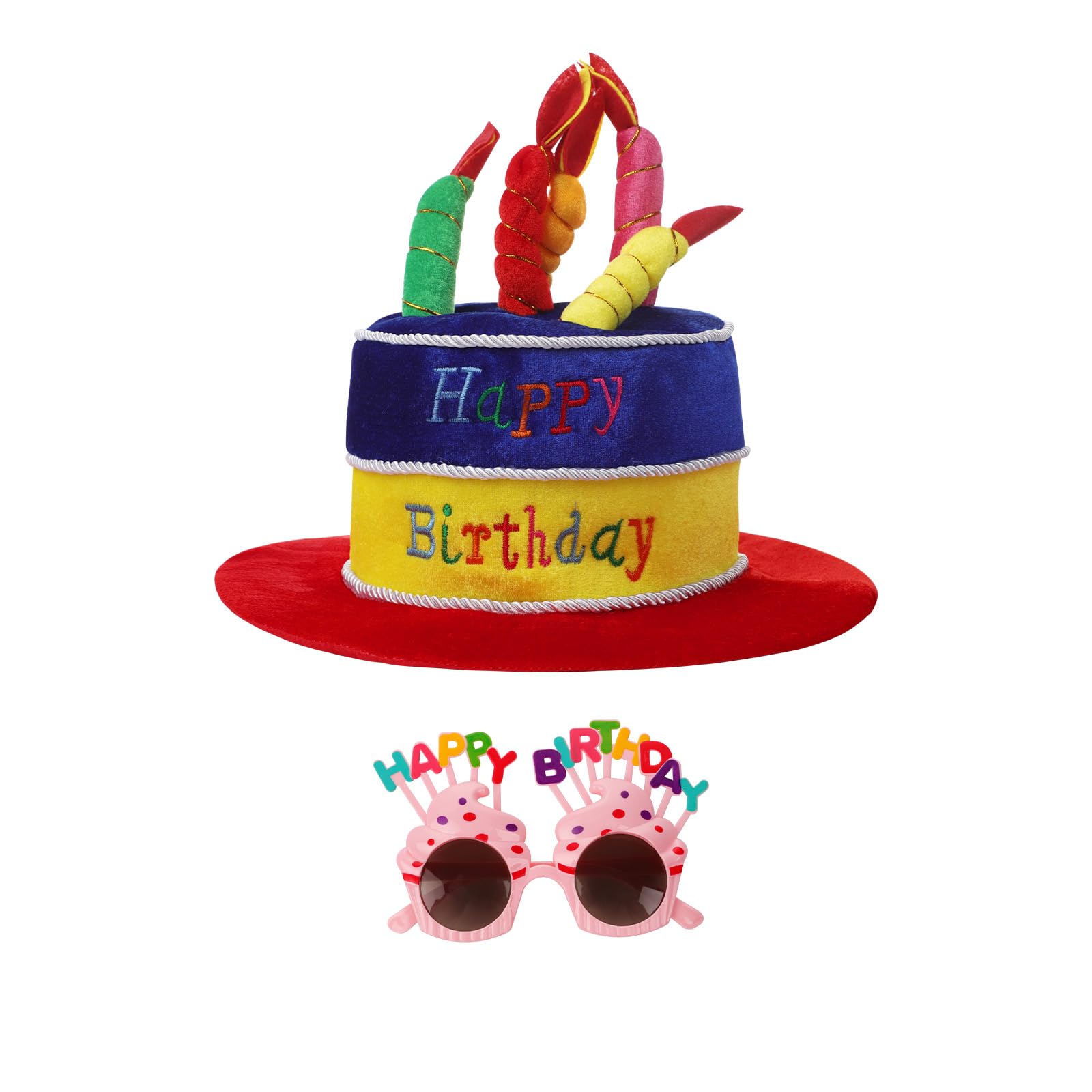 Moonlove Happy Birthday Cake Hat and Sunglasses Costume Set, Unisex Adults Teens Novelty Party Cosplay Fancy Dress Head Wear Funny Plush Birthday Hat for Women Men