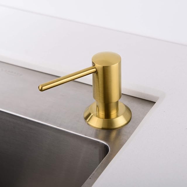 KMEINO Soap Dispenser, Brass Commercial Built in Undermount Soap Dispenser, Brushed Gold Metal Pump Head Liquid Lotion Kitchen Countertop Soap Dispenser with 500ml PP Bottle