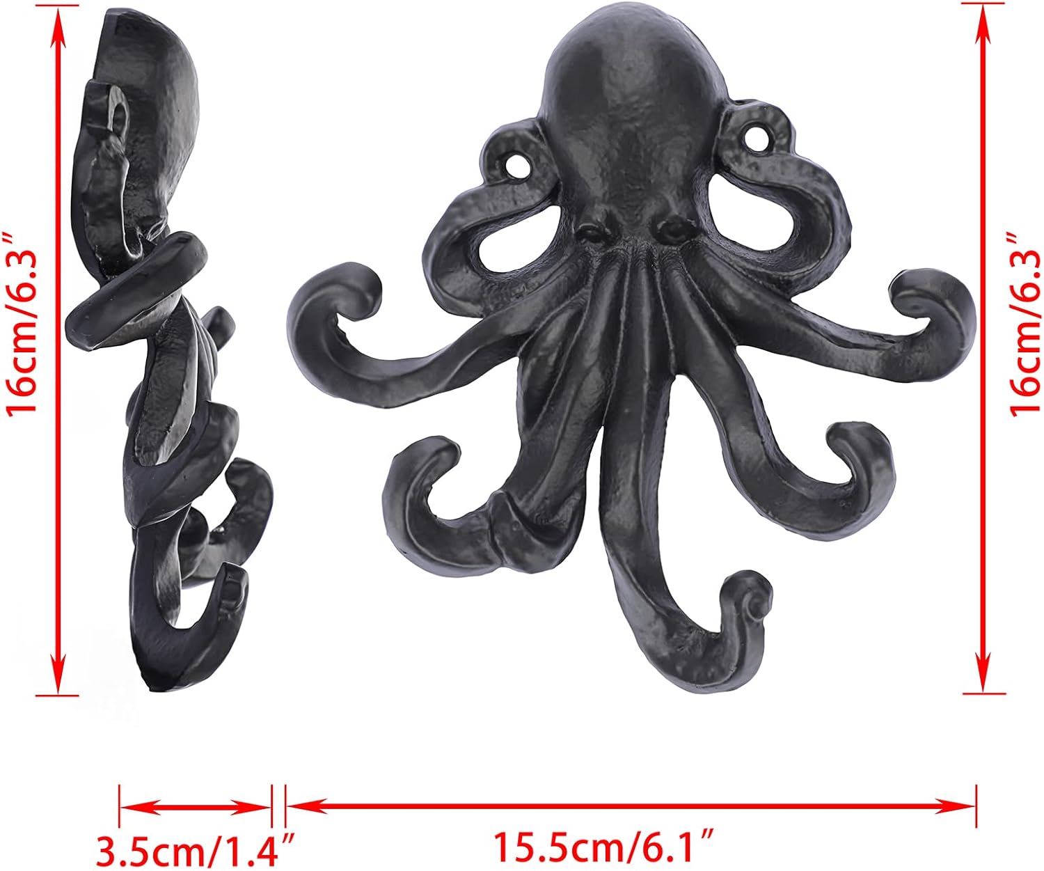 Sumnacon 6 Inch Cast Iron Octopus Coat Hook - Rustic Metal Wall Rack for Key Towel Bag, Hat Scarf with Screws, Decorative Duty Clothing Hanger for Bedroom Bathroom Kitchen Balcony Entry Door, Black - Image 3