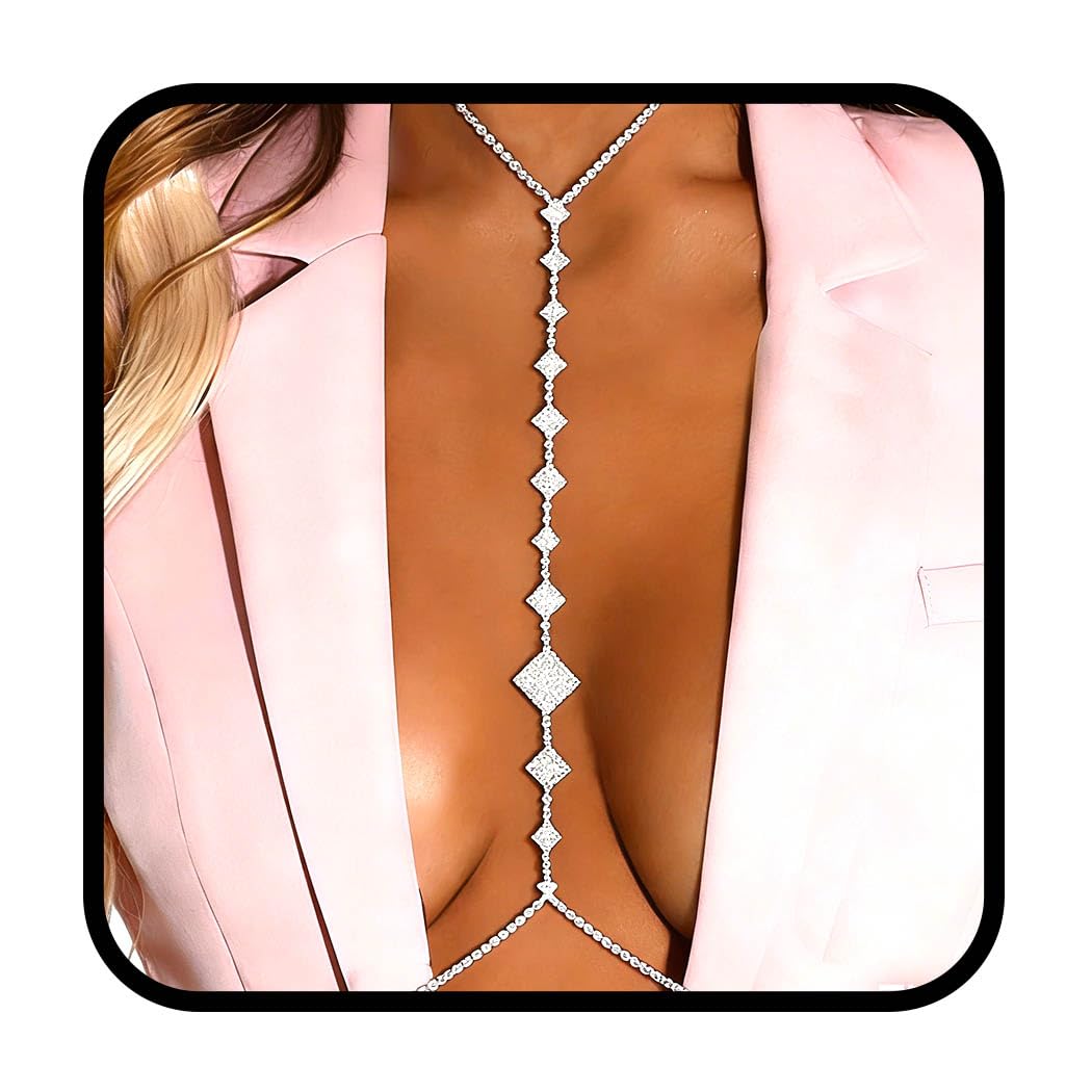Bounzhi Rhinestone Body Chain Bra Crystal Body Jewelry Boho Bikini Body Necklace Crossover for Women(D)