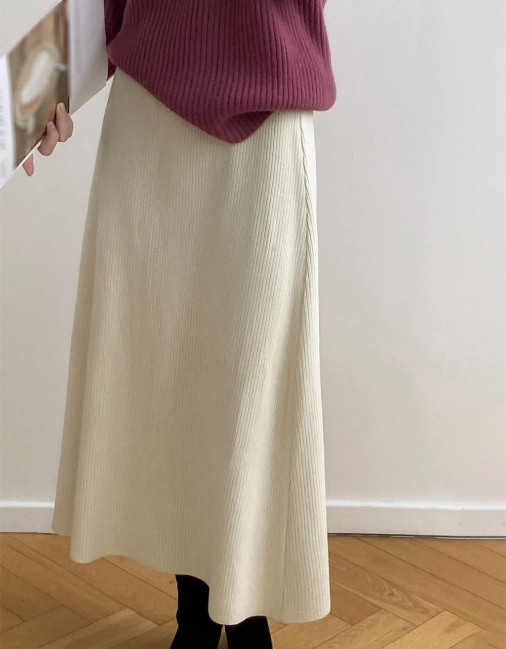 OZEO Rock Damen,Damen-Midirock Beige Retro-Streifen Strickrock Einfarbig High WAIS A-Linie Swing Geraffte Elegante Lange Röcke Für Mädchen Damen Frühling Herbst, Xs