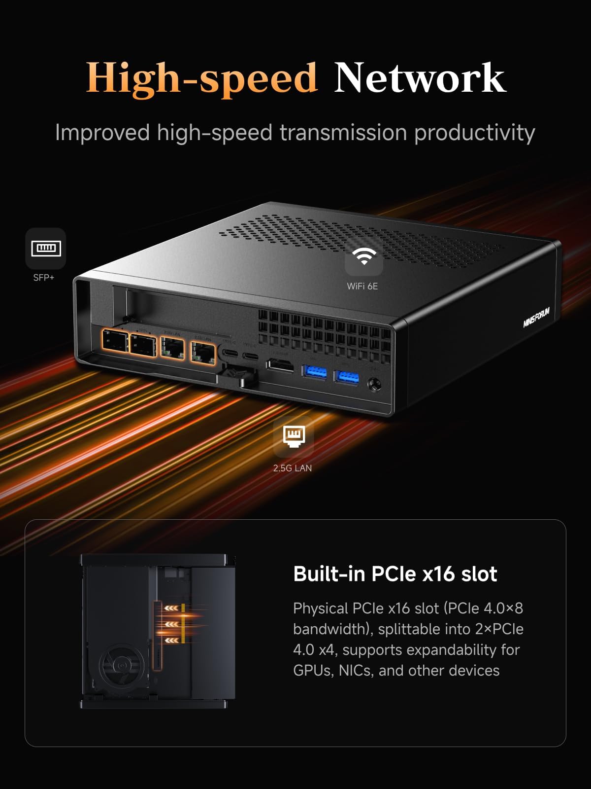 MINISFORUM Mini PC MS-A2 Barebone with AMD Ryzen 9 7945HX (16 C/32T, 64 MB L3, up to 5.2GHz), PCIe × 16, HDMI/2XUSB-C (8K@60 Hz), 2 x SFP+ 10 G,2xLAN 2.5 G,3xSSD M.2 (2280/22110/U.2),No RAM/SSD/OS — view 3