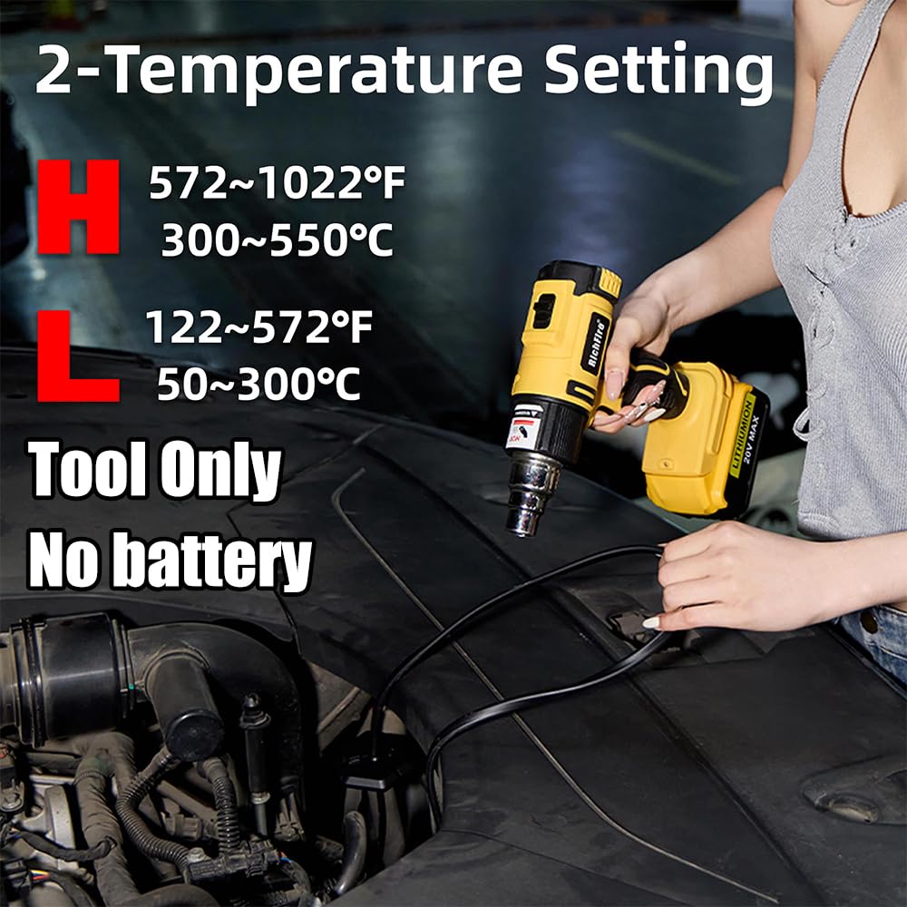 Pistola de calor inalámbrica, 350 W, 300 °C - 550 °C, calentamiento rápido, pistola de calor para batería Dewalt de 20 V, 5 boquillas para doblar tuberías, PVC retráctil, pelar pintura (solo