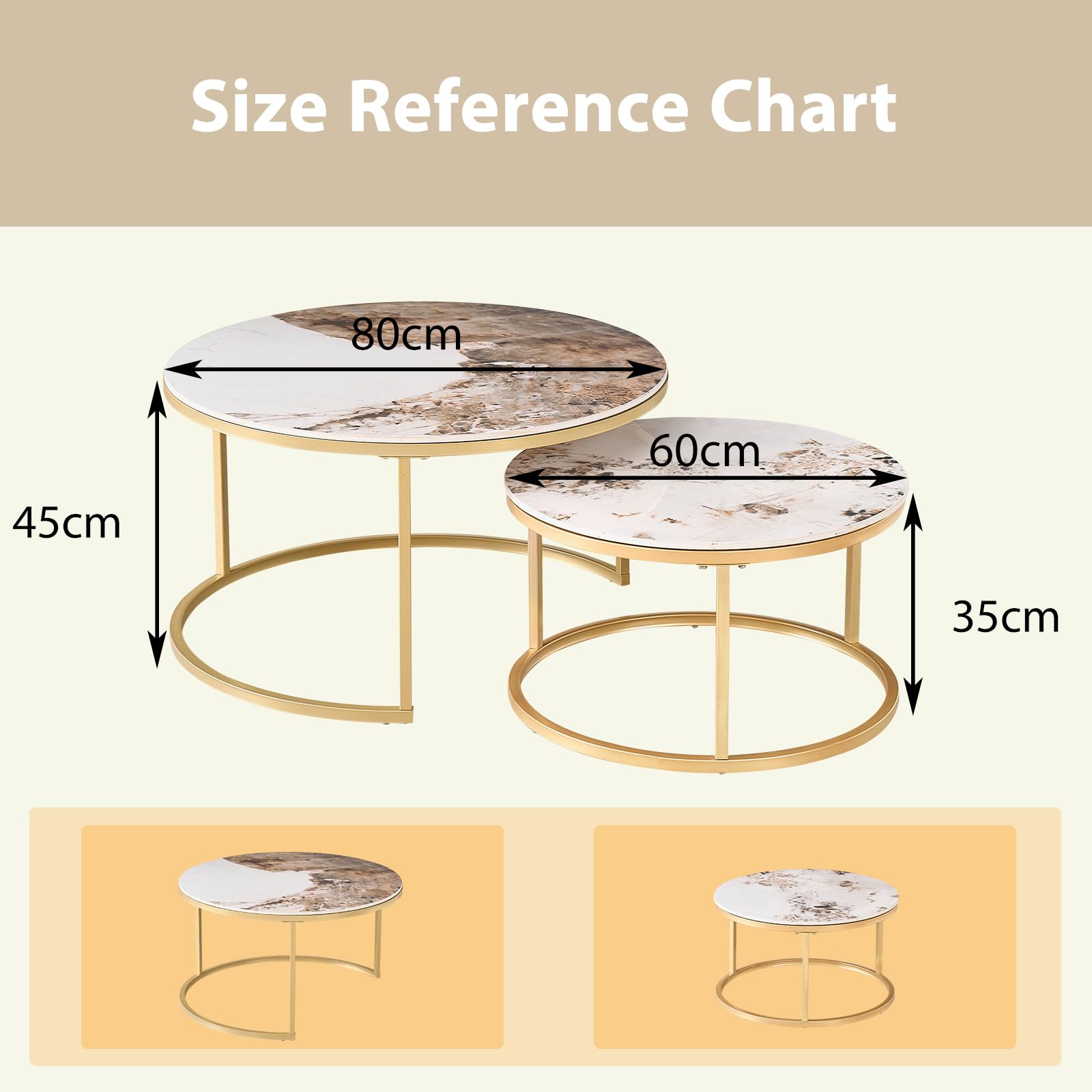 GrandCA HOME Tables Basses Rondes gigognes, Lot de 2 avec Cadre en métal doré pour Salon Moderne, 60 cm et 80 cm Tables d'appoint Pandora en Pierre frittée
