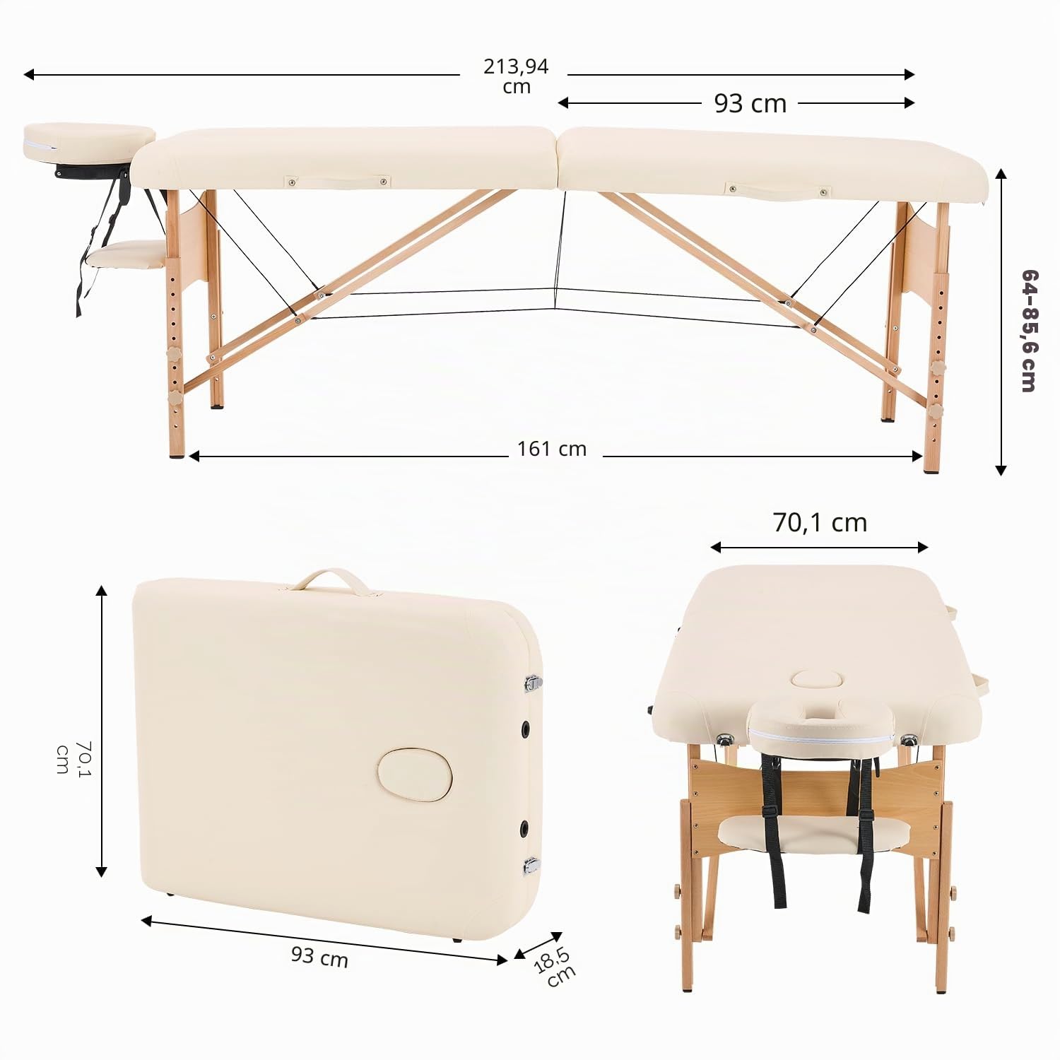 YOUNIKE Lettino da Massaggio a 2 Zone in Legno Lettino Massaggio Regolabile Imbottitura Comfort Poggiatesta Multifunzione con Borsa per Trasporto Inclusa, Capacità 250 kg Beige