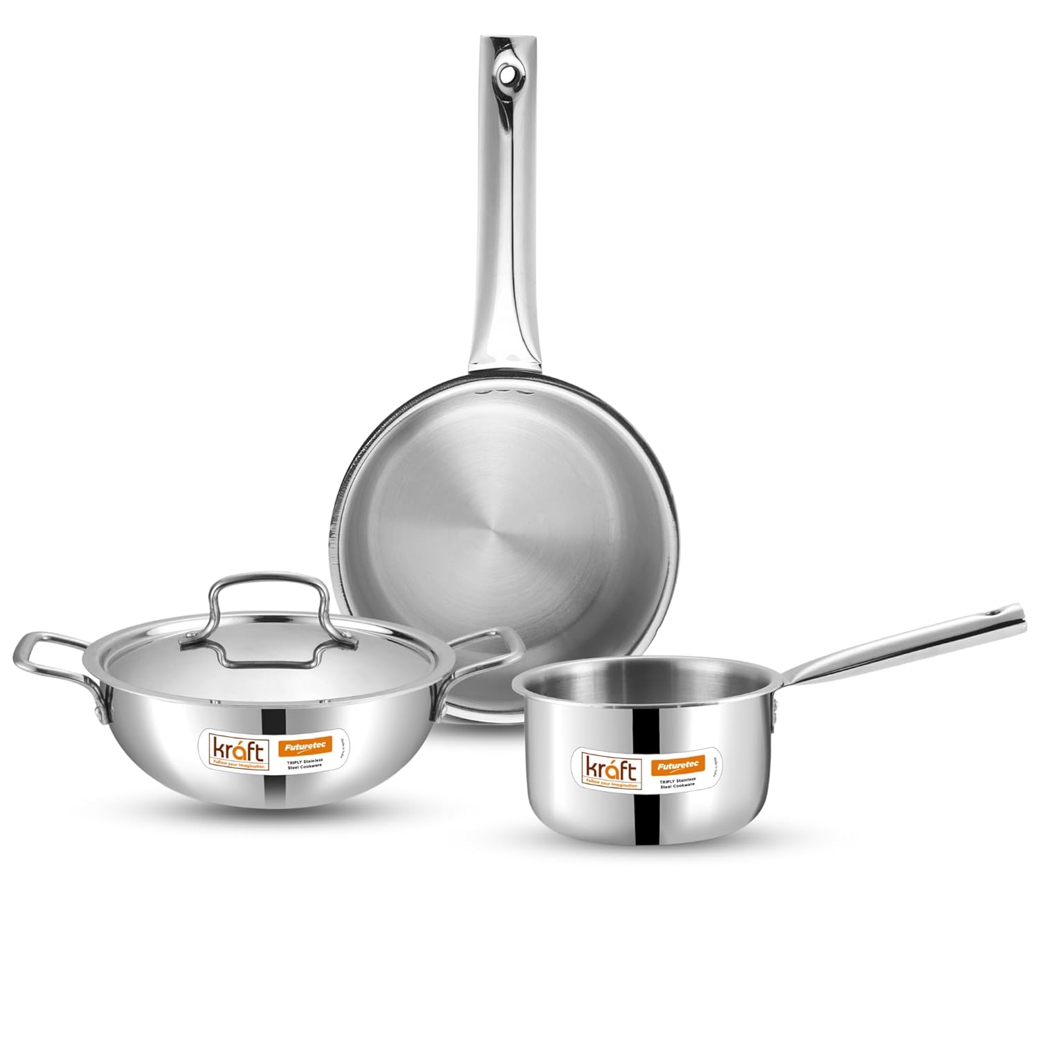 Kraft Futuretec Triply Stainless Steel Cookware Set | 3 Pc Triply Cookware Set | Kadai with Lid (22 cm, 3.2l), Frypan (22 cm), Saucepan (16 cm, 1.6L) | Gas, Induction, Oven Friendly | 5-Year Warranty