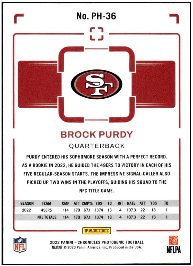 BROCK PURDY RC 2022 Panini Chronicles Photogenic #36 ROOKIE 49ers NM+-MT+ NFL Football