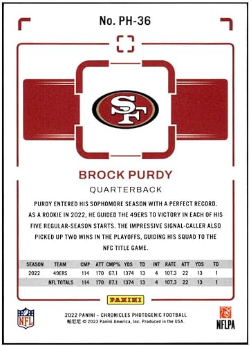 Miniatura 2 de BROCK PURDY RC 2022 Panini Chronicles Photogenic #36 ROOKIE 49ers NM+-MT+ NFL Football