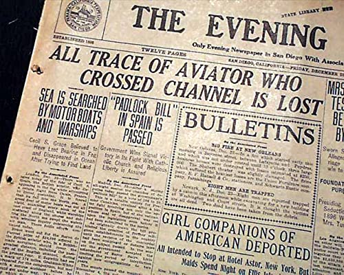 1910 Jorge Chavez Peruvian Avitor 1St Airplane Flight Over Alps 1910 Newspaper The Evening Tribune, San Diego, Sept. 23, 1910 #TOP12