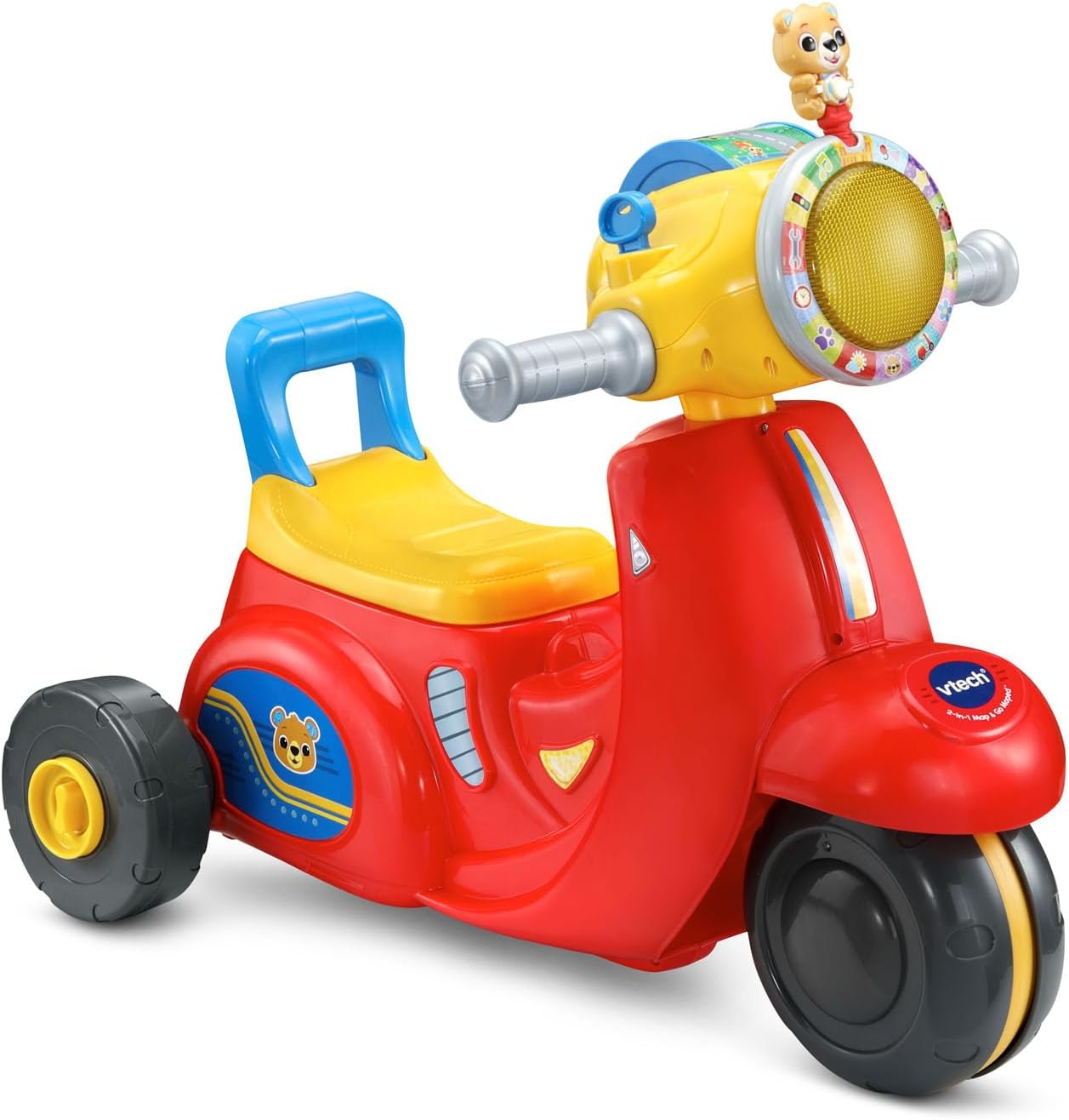 Przód view of the VTech 2-in-1 Map and Go Scooter in red and yellow.
