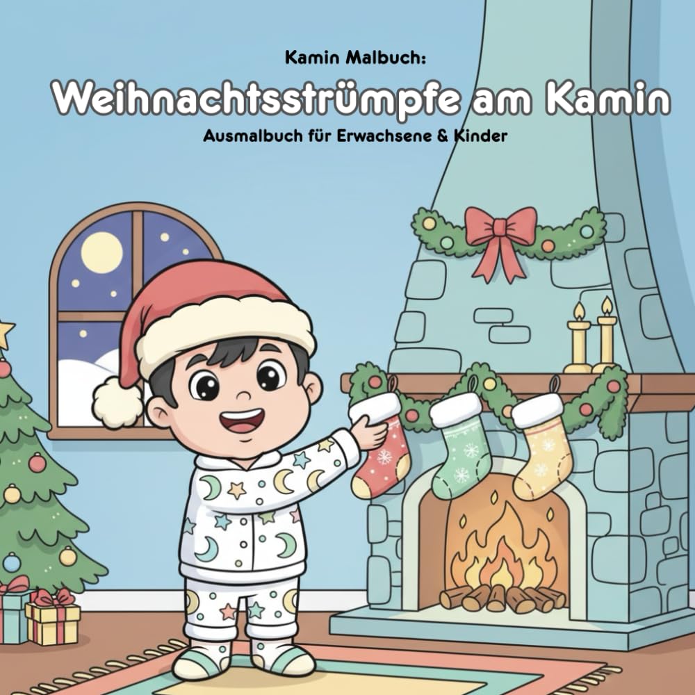 Malbuch & Geschichte: Weihnachtsstrümpfe am Kamin: Für Erwachsene & Kinder: 36 Ausmalbilder, 21.59 x 21.59 cm, Besinnliche Kamin-Momente zum Ausmalen
