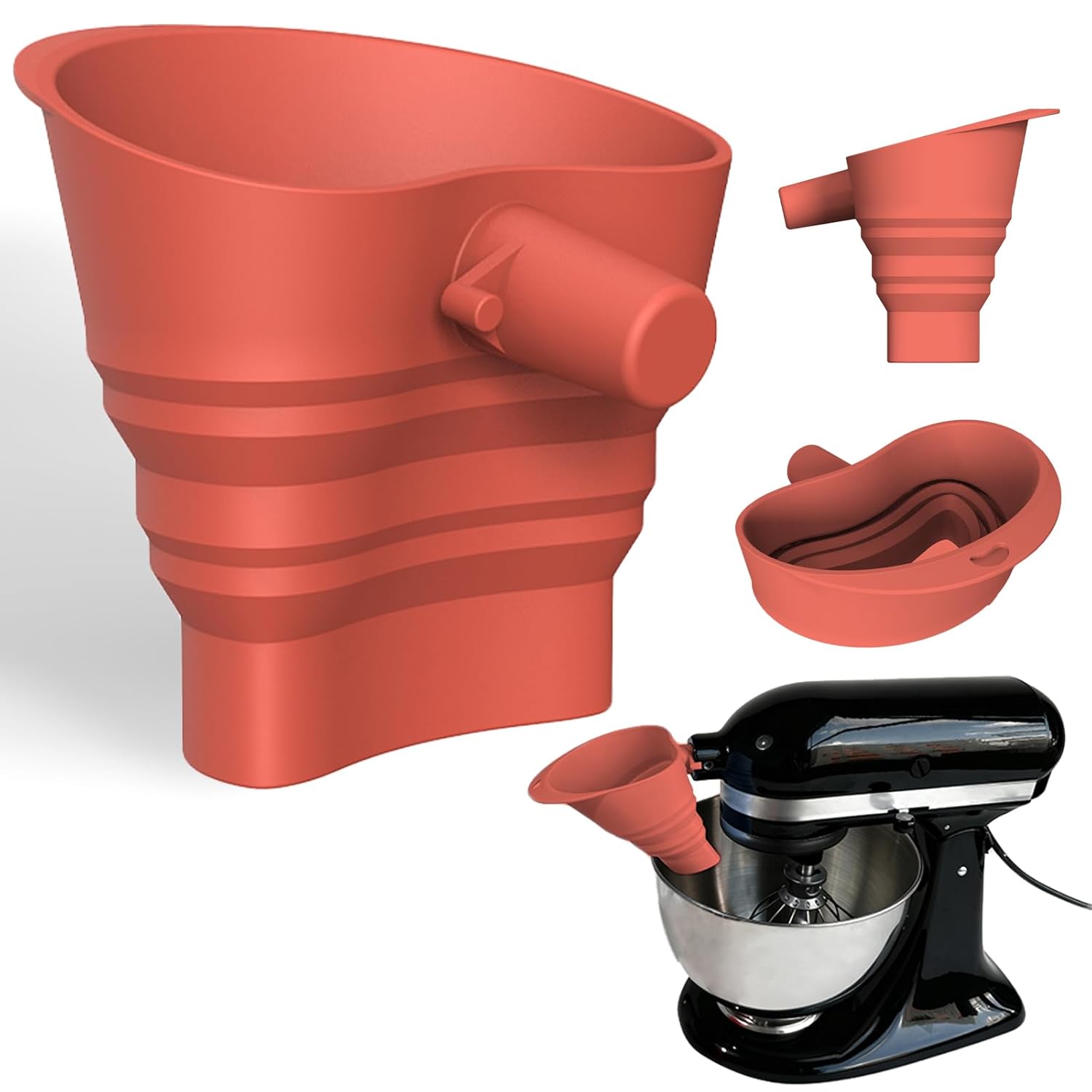 Foldable Flour Funnel for Kitchen Aid Mixer, Easy-Pour No-Mess Food Grade Silicone Powder Funnels Stand Mixer Attachment for Aid Artisan Ksm150 5-Quart Tilt-Head Stand Mixers (Three Colors)
