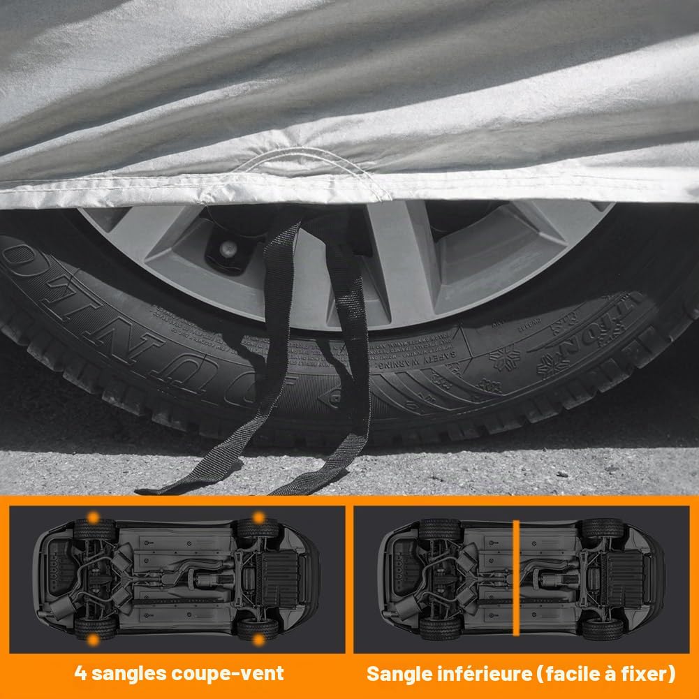 Bache Voiture, 490x190x150CM Housse Voiture Universale, Conception à Ouverture Latérale & Doublure en Coton, Anti UV Soleil Neige Poussière, Housse de Véhicule pour l'Intérieur et l'Extérieur
